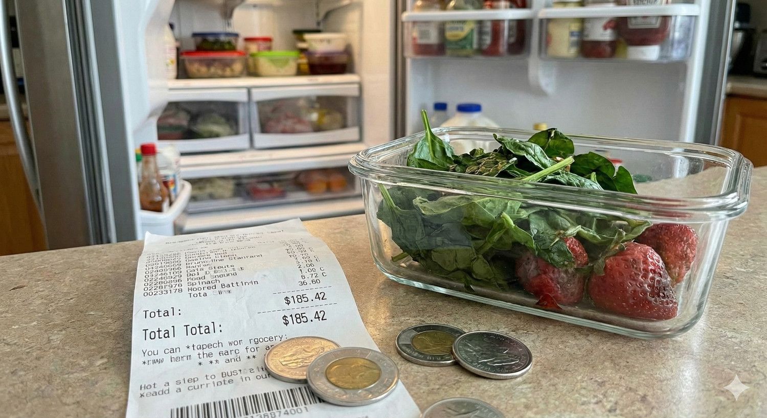Grocery receipt with high prices next to wilted spinach and strawberries on a counter, with an open fridge behind.