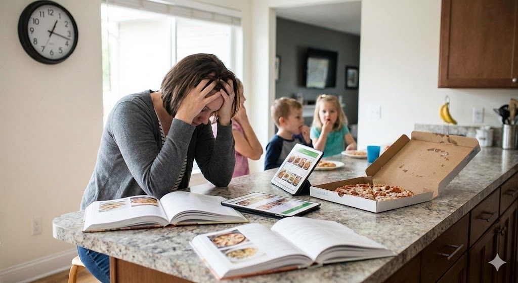 Stressed parent in kitchen looking at recipe apps next to a pizza box, illustrating meal planning decision paralysis.