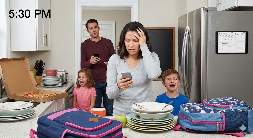 Stressed mother in a messy kitchen with crying kids and pizza, depicting the mental load and decision fatigue of parenting.