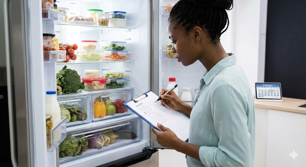 A woman performing a Friday Executive Audit of her fridge to stop food waste and reclaim grocery budget assets.
