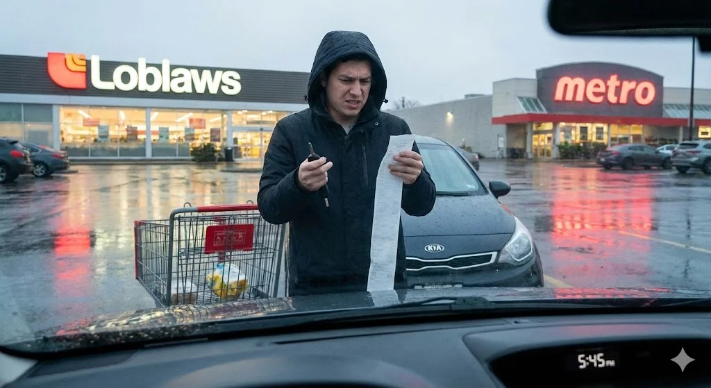 A man looking frustrated while checking a long receipt in a rainy parking lot between Loblaws and Metro grocery stores, illustrating the high cost of store-hopping.