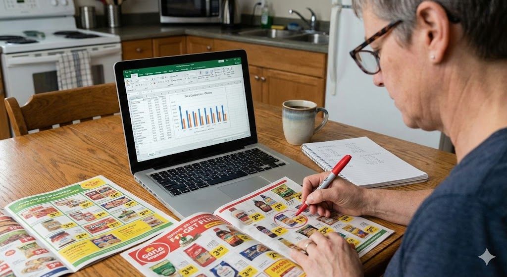 A person analyzing grocery store flyers with a red marker and a spreadsheet to identify loss leaders and floor prices.