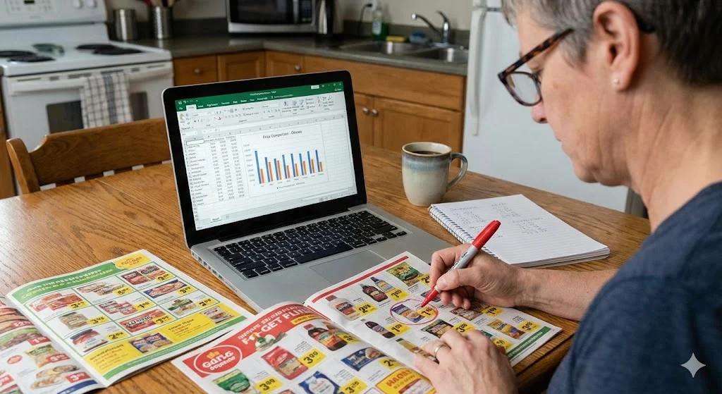 A person analyzing grocery store flyers with a red marker and a spreadsheet to identify loss leaders and floor prices.