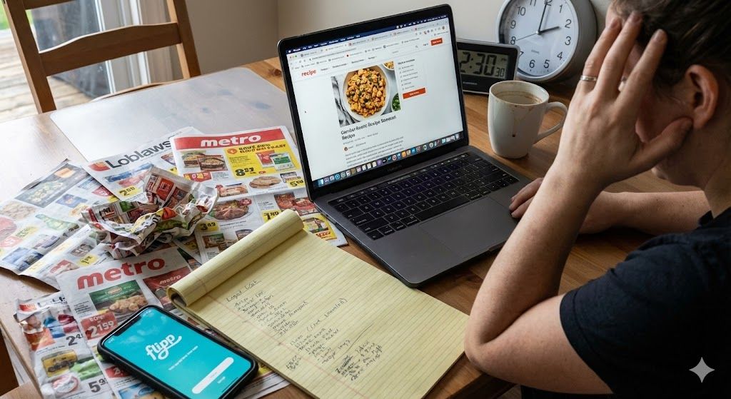 Stressed parent at a kitchen table surrounded by flyers, a laptop, and a smartphone, overwhelmed by manual meal planning.