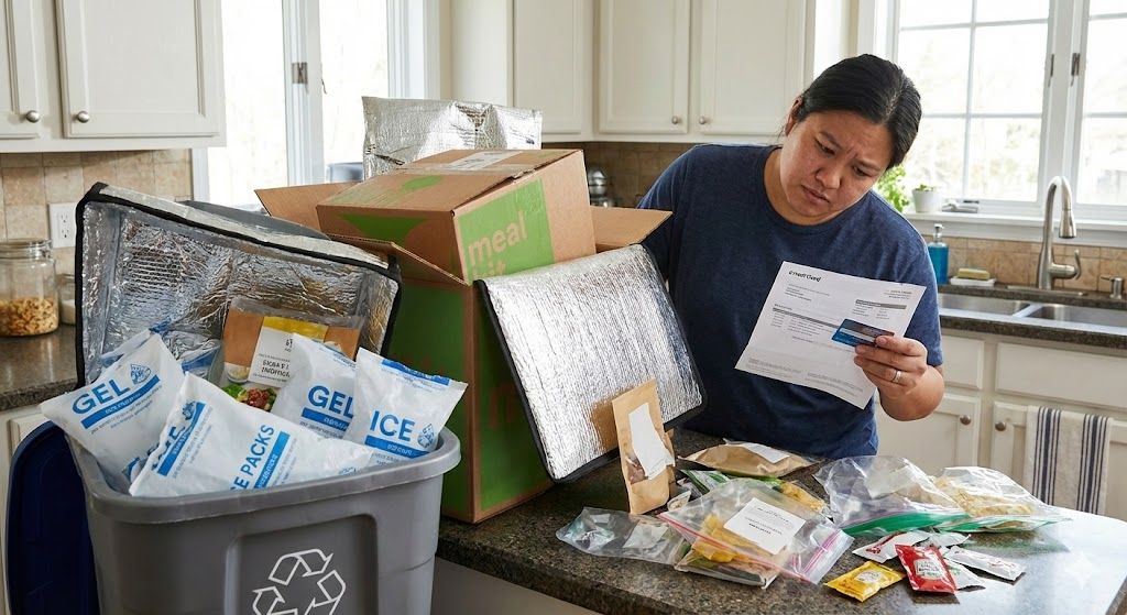 A woman in a kitchen looking at a meal kit box and a credit card bill, with a recycling bin full of ice packs nearby.