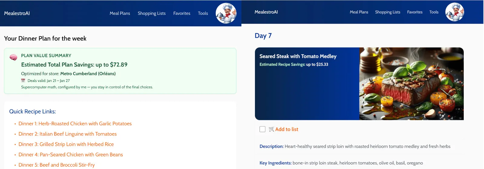 MealestroAI weekly meal plan showing estimated total savings of $72.89 optimized for Metro Cumberland store with deals valid January 21-27