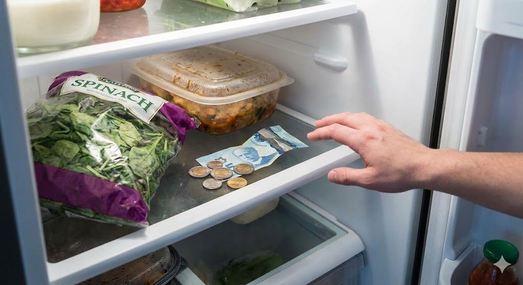A hand reaching into an open refrigerator with Canadian money sitting next to wilted spinach and old leftovers, illustrating financial loss from food waste.