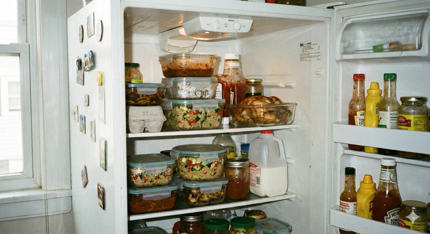 Open refrigerator packed with organized glass food storage containers holding various leftovers like roast chicken and salads, illustrating a system to reduce food waste.