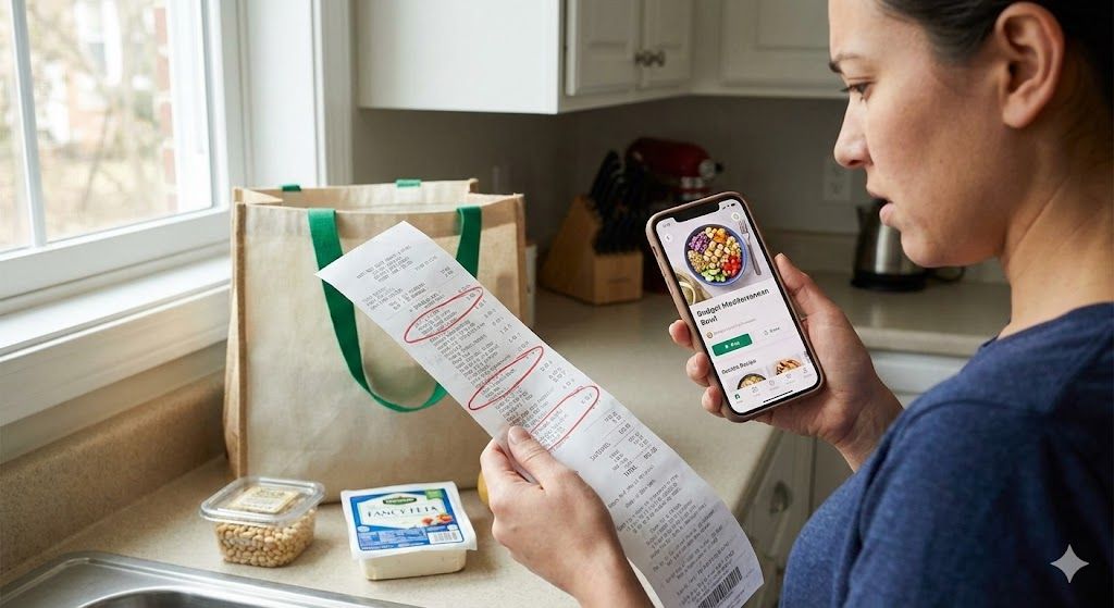 A woman comparing a high grocery receipt with red circles to a recipe on her phone in an Ottawa kitchen.